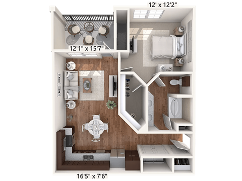 Floor plan for 1 bed, 1 bath, 745 sqft